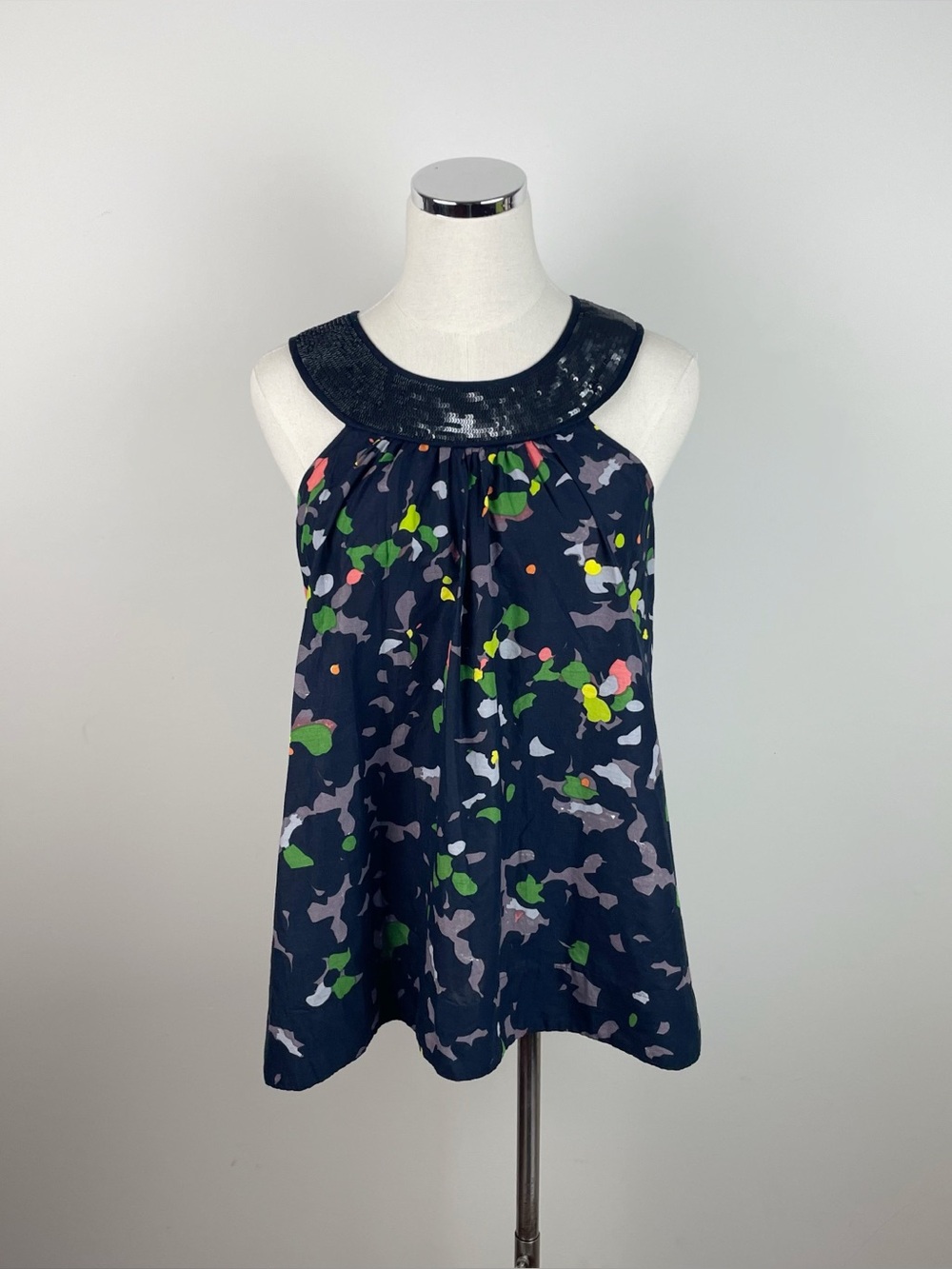 French Connection Navy Blue Green Floral Silver Sequin Blouse Top Women Size 2